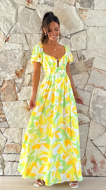 Xaviere Maxi Dress - Yellow / Green Print Chic Off-Shoulder Maxi Dress