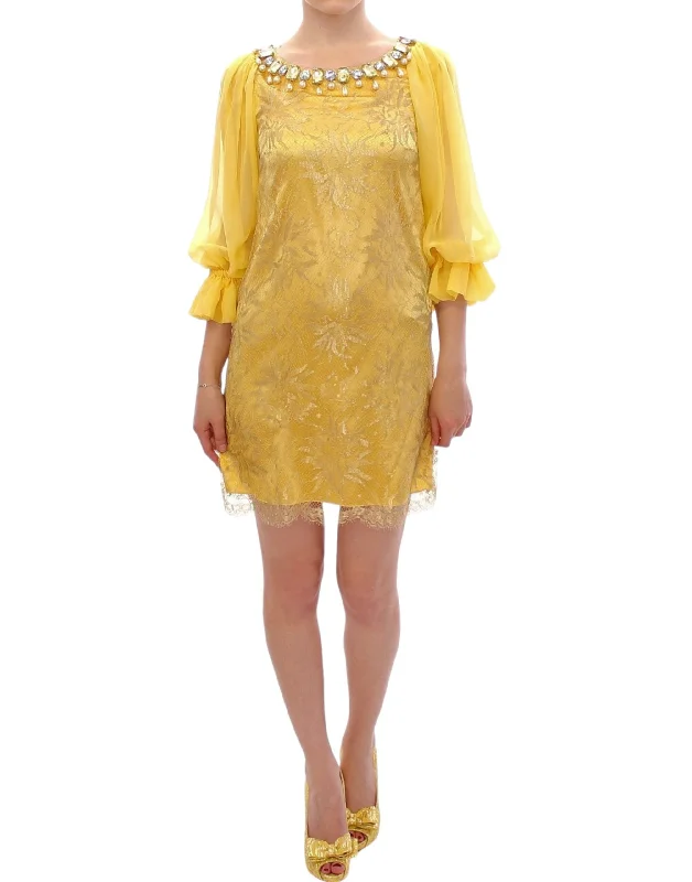 Yellow Lace Crystal Embellished Mini Dress Stylish Button-Down Mini Dress