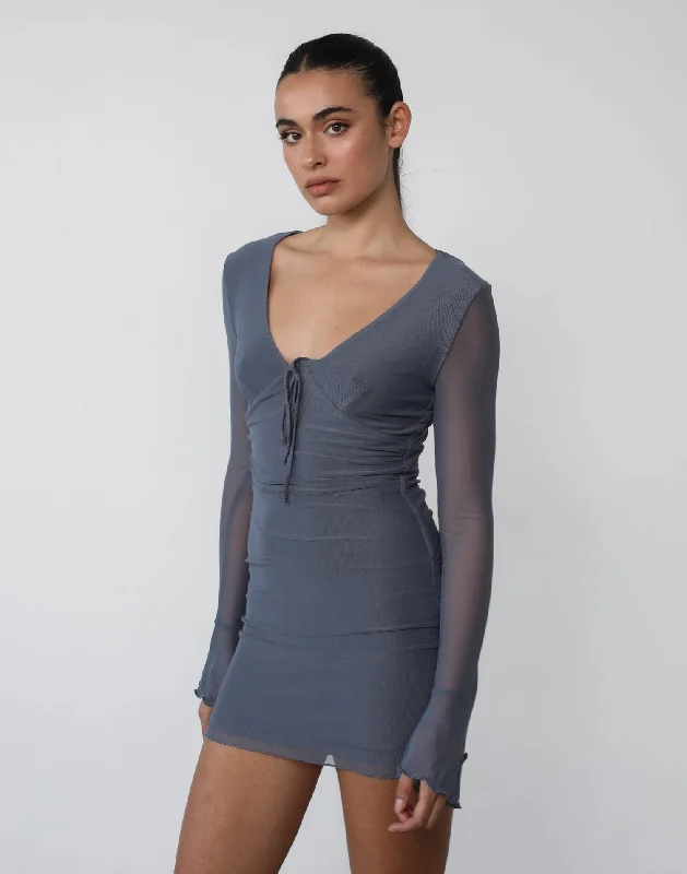 Zarah Long Sleeve Mini Dress (Charcoal) Elegant Lace-Up Mini Dress