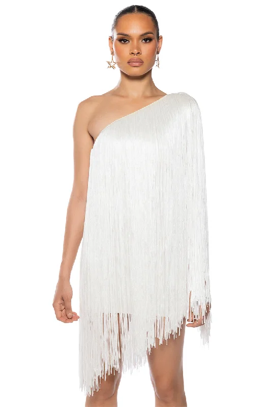 ZASHA ONE SHOULDER BANDAGE WITH FRINGE MINI DRESS Elegant Lace-Up Mini Dress
