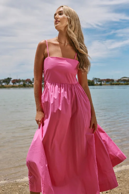 Zion Hot Pink Poplin Strappy Maxi Dress Comfortable Maxi Dress with Slits