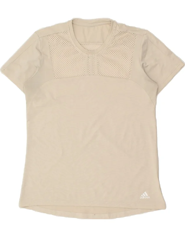 ADIDAS Womens T-Shirt Top UK 14 Medium Beige Zippered Front Buttoned Front Snap Front