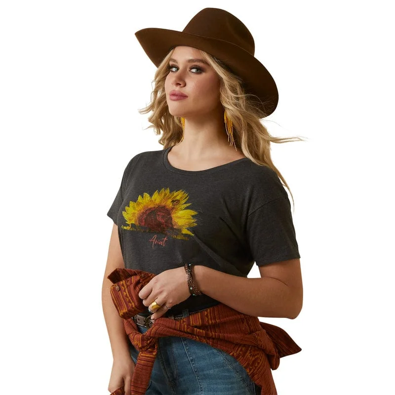 Ariat Women's Sunflower Cow Charcoal Heather Short Sleeve T-Shirt 10047640 Chenille Brocade Lace
