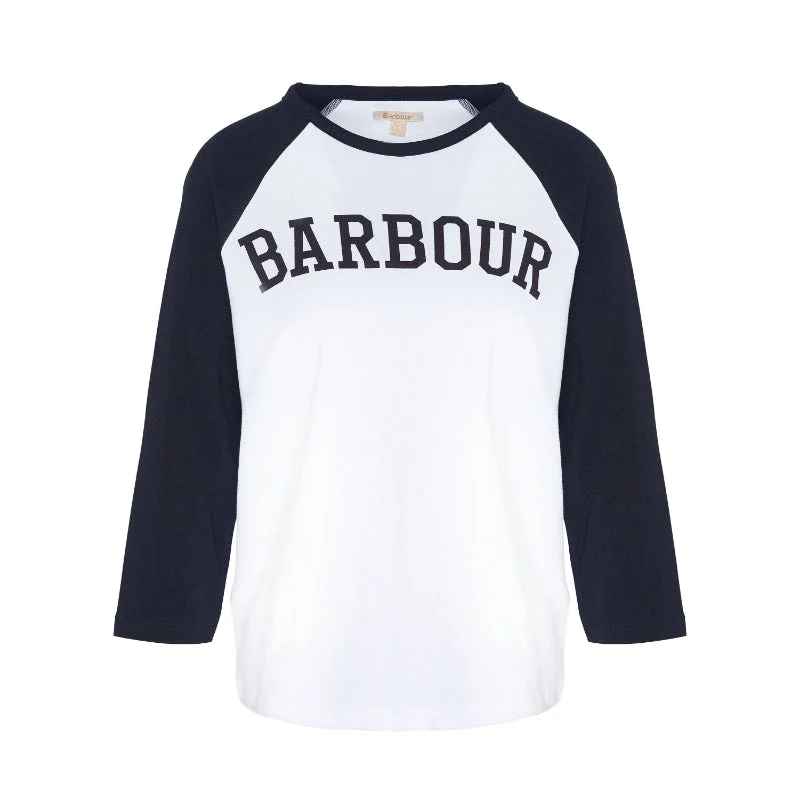 Barbour Northumberland Ladies Long Sleeve T-Shirt - White/Navy Beaded Sequined Faux Fur