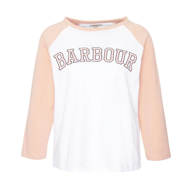 Barbour Northumberland Ladies Long Sleeve T-Shirt - White/Soft Apricot Embroidered Appliqued Beaded