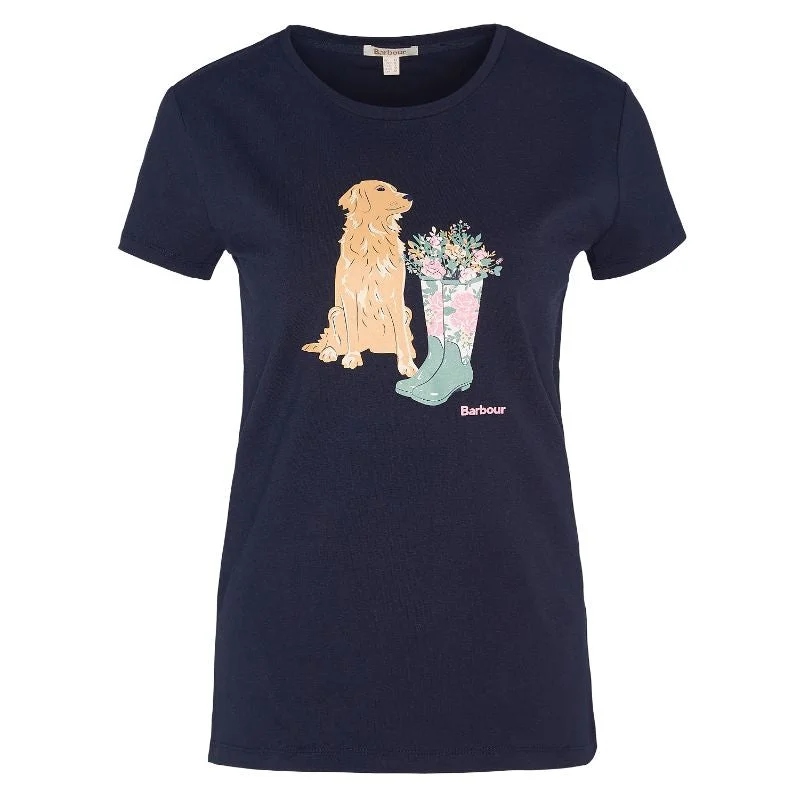 Barbour Rowen Ladies T-Shirt - Navy (Golden Retriever) Ribbed T-Shirt High Neck Heavyweight