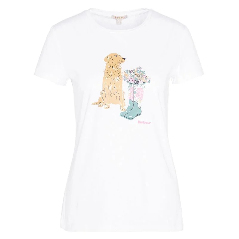 Barbour Rowen Ladies T-Shirt - White (Golden Retriever) Notch Collar Peter Pan Collar Cowl Neck