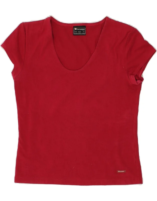 CHAMPION Womens T-Shirt Top UK 14 Large Red Houndstooth Herringbone Solid