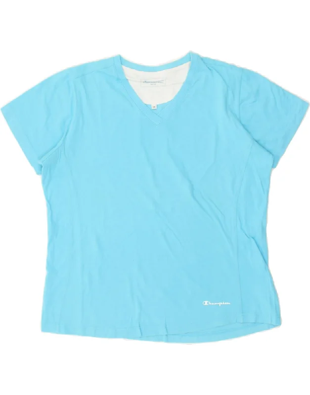 CHAMPION Womens T-Shirt Top UK 14 Medium Blue Cotton Boxy Fit Fitted Loose