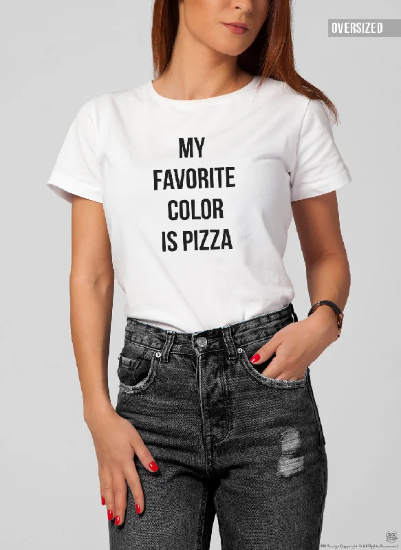 Trendy Women's T-shirt "My Favorite Color Is Pizza" WTD31 Hooded Caped Shawl Collar