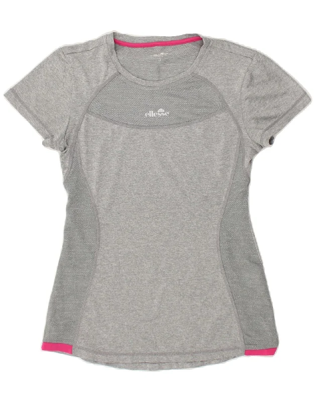 ELLESSE Womens T-Shirt Top UK 12 Medium Grey Lace Blend Ribbed Blend Corduroy Blend