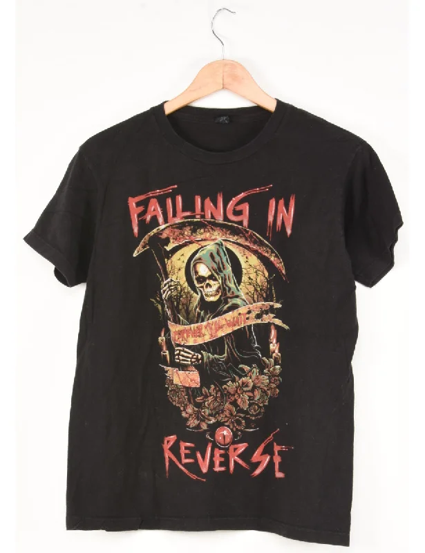 Falling Reverse Printed Black T-shirt - M Welt Pockets Slit Pockets