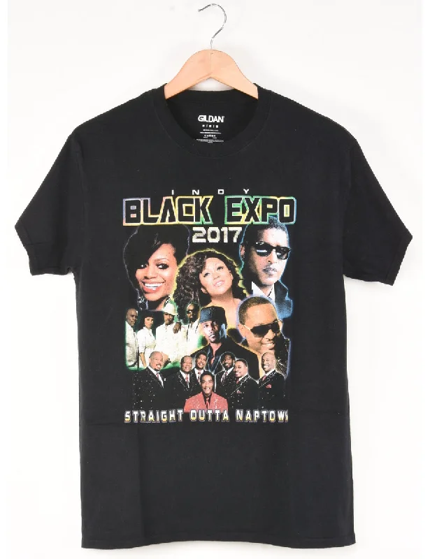 Gildan Indy Black Expo Printed T-shirt - M Welt Pockets Slit Pockets