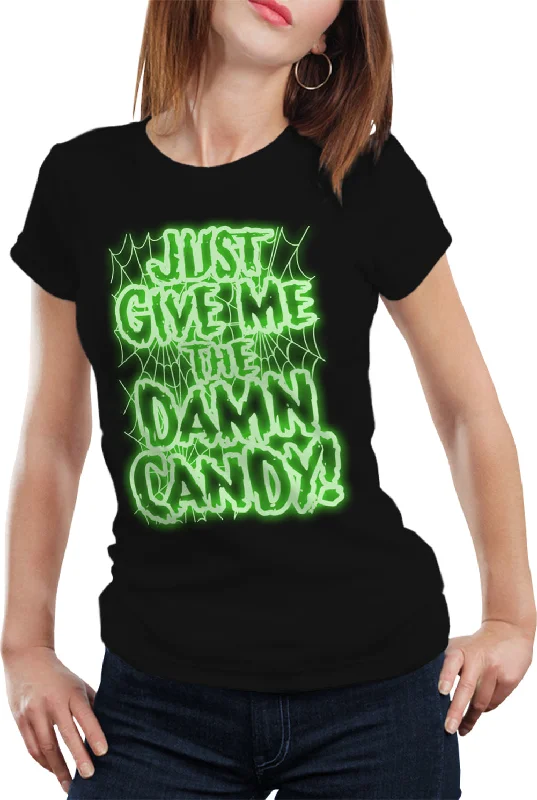 Halloween Costume T-shirts - Just Give Me The Damn Candy Glow in the Dark Girls T-shirt Collared Crew Neck Turtle Neck