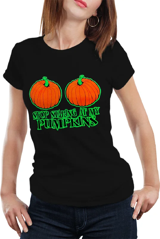 Halloween Costume T-shirts - Stop Staring At My Pumpkins Girls T-shirt Boxy Fit Fitted Loose