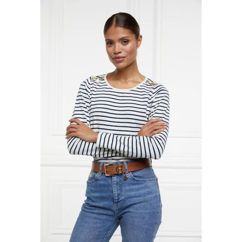 Holland Cooper Padstow Long Sleeve Crew Neck Ladies Tee - Natural/Ink Navy Stripe Satin Blend Silk Blend Wool Blend