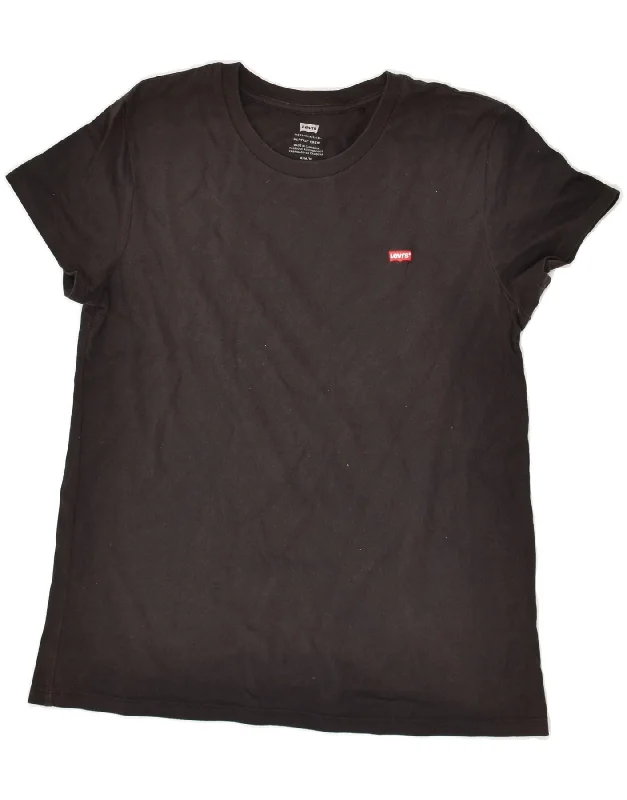LEVI'S Womens T-Shirt Top UK 12 Medium Black Cotton Collared Crew Neck Turtle Neck