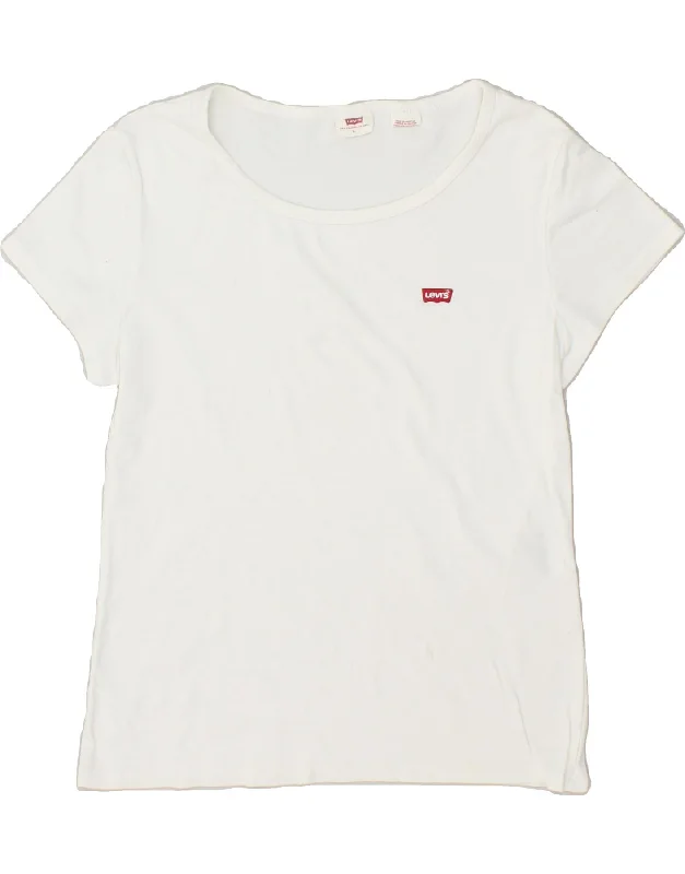 LEVI'S Womens T-Shirt Top UK 14 Large White Cotton Graphic Embroidered Appliqued