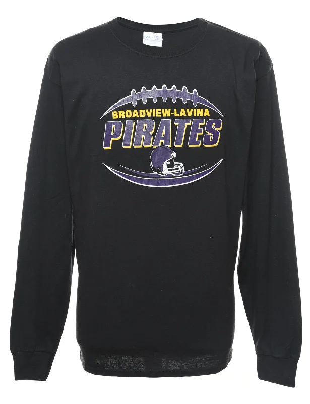 Long Sleeved Black, Purple & Yellow Pirates Design Printed T-shirt - L Anti-Shrink Durable Soft