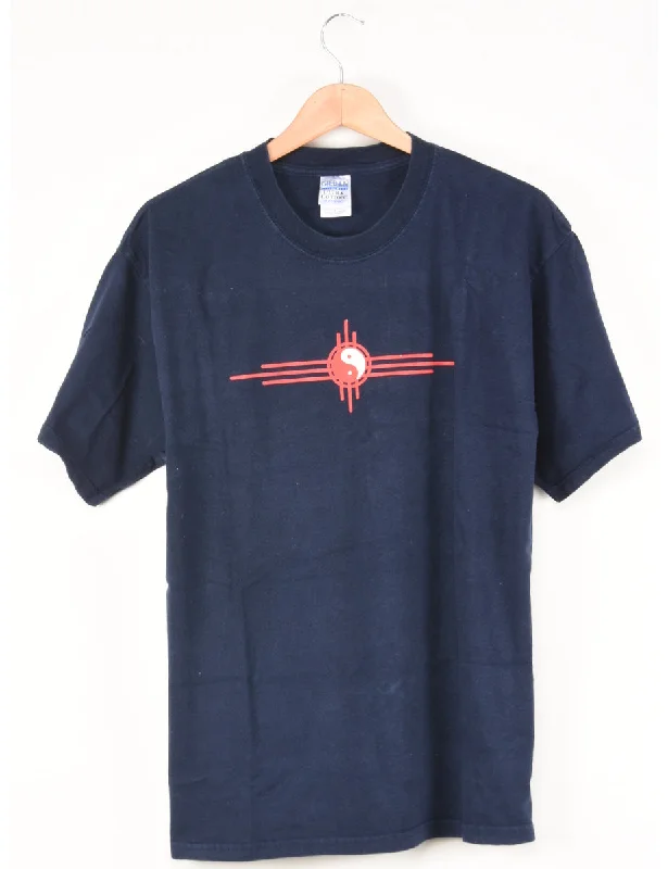 Navy Printed T-shirt - L Graphic Embroidered Appliqued