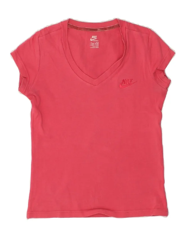 NIKE Womens T-Shirt Top UK 10/12 Medium Pink Ribbed T-Shirt High Neck Heavyweight