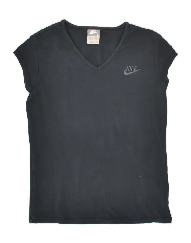 NIKE Womens T-Shirt Top UK 14/16 Large Navy Blue Cotton Lace Blend Ribbed Blend Corduroy Blend