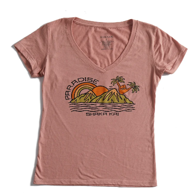 Paradise V-Neck T-Shirt Asymmetrical Pockets Print