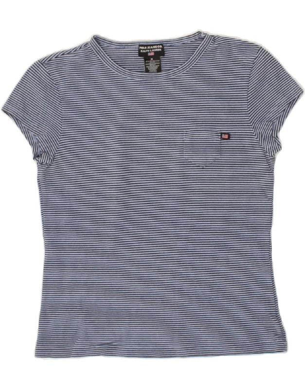 POLO RALPH LAUREN Womens T-Shirt Top UK 12 Medium Navy Blue Striped Cotton Mesh Canvas Denim