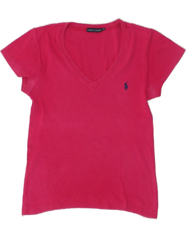 POLO RALPH LAUREN Womens T-Shirt Top UK 14 Large Pink Cotton Solid Color Striped Floral