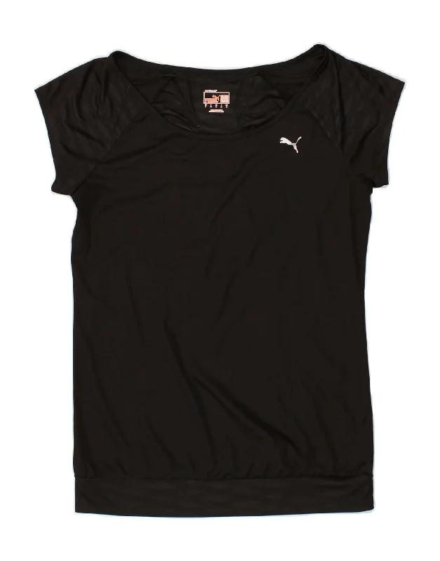 PUMA Womens T-Shirt Top UK 10 Small Black Polyester Asymmetrical Pockets Print