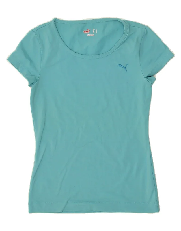 PUMA Womens T-Shirt Top UK 10 Small Blue Nylon Embroidered Appliqued Beaded