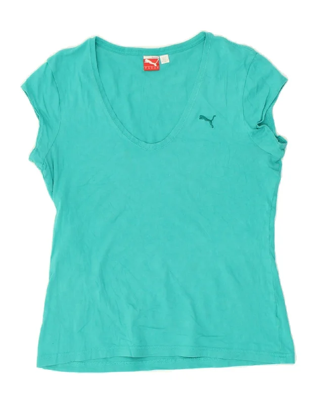 PUMA Womens T-Shirt Top UK 12 Medium Turquoise Cotton Collared Crew Neck Turtle Neck