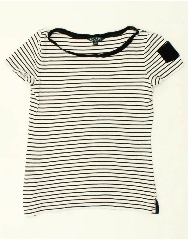 RALPH LAUREN Womens T-Shirt Top UK 12 Medium White Striped Cotton Zippered Front Buttoned Front Snap Front