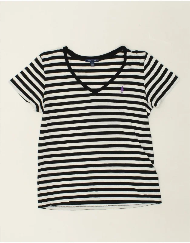 RALPH LAUREN Womens T-Shirt Top UK 14 Large Black Striped Cotton Solid Color Striped Floral