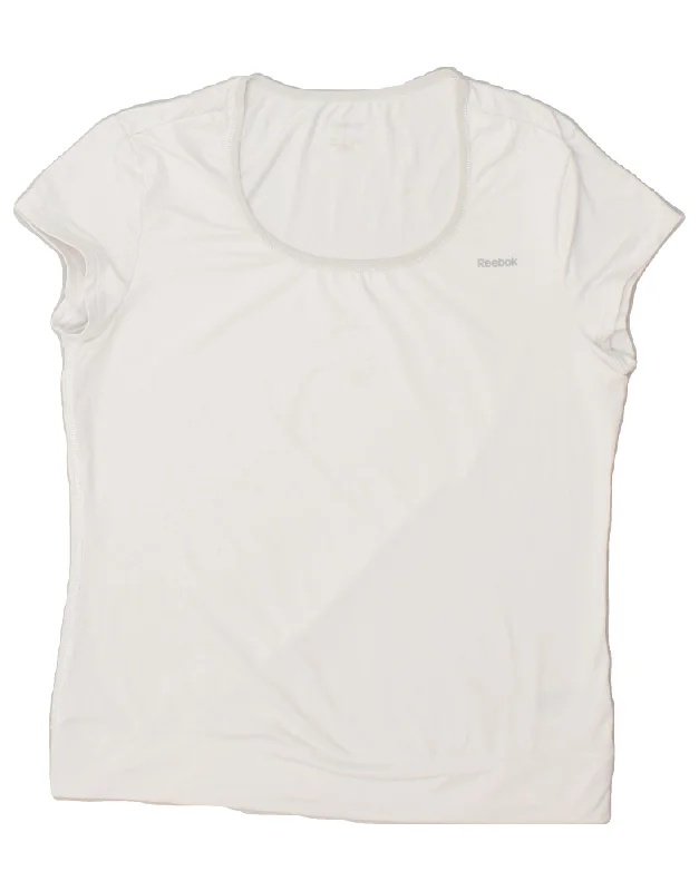 REEBOK Womens T-Shirt Top UK 14 Large White Polyester Mesh Fabric Canvas Fabric Denim Fabric