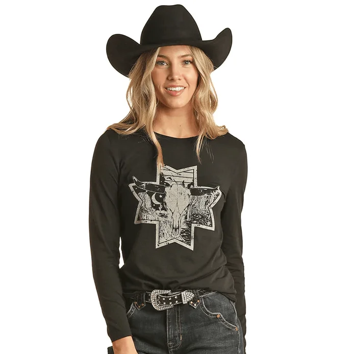 Rock & Roll Cowgirl Women's Black Long Sleeve Graphic Tee RRWT22R0BC Welt Pockets Slit Pockets