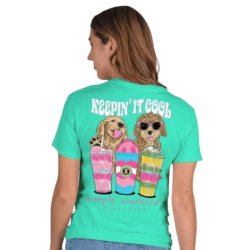 Simply Southern Women's Keepin' It Cool Short Sleeve Graphic T-Shirt Collared Crew Neck Turtle Neck