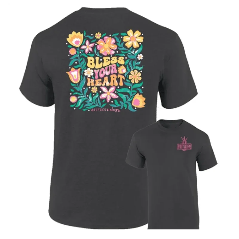 Southernology Women's Flower Power Bless Your Heart Short Sleeve T-Shirt Casual Formal Business