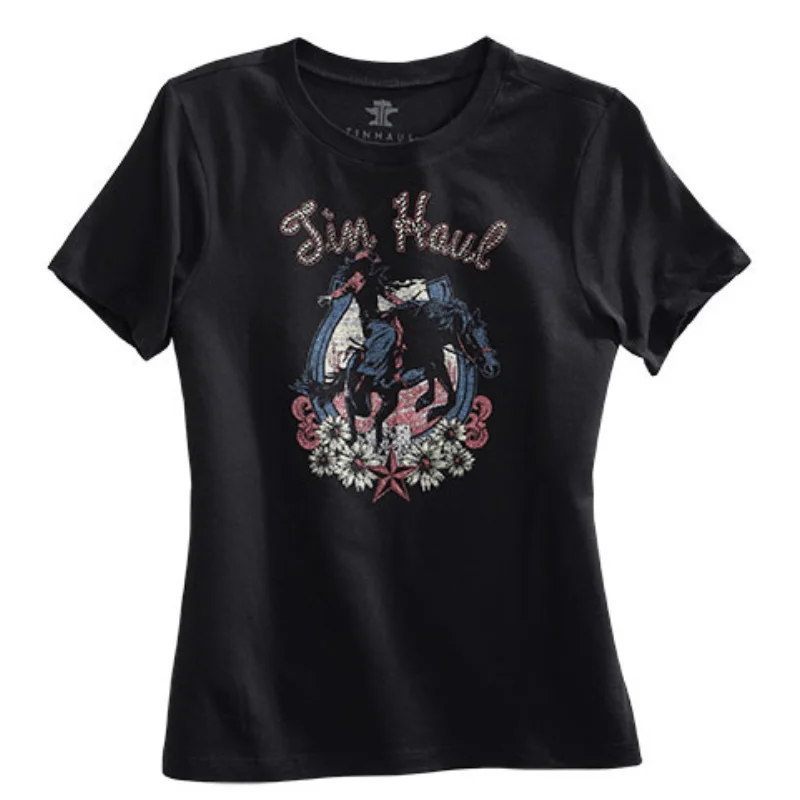 Tin Haul Women's Bucking Cowgirl Black Floral Horse Shoe Graphic T-Shirt 10-039-0501-0932 BL Notch Collar Peter Pan Collar Cowl Neck