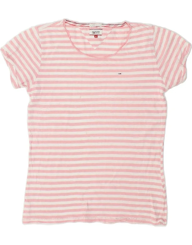 TOMMY HILFIGER Womens T-Shirt Top UK 12 Medium Pink Striped Cotton Houndstooth Herringbone Solid