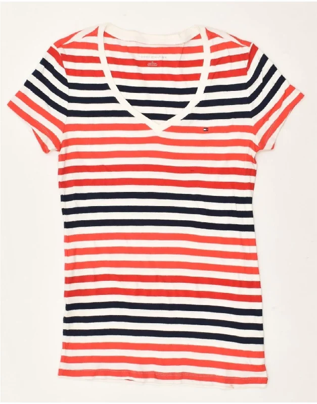 TOMMY HILFIGER Womens T-Shirt Top UK 12 Medium Red Striped Cotton Striped Floral Plaid