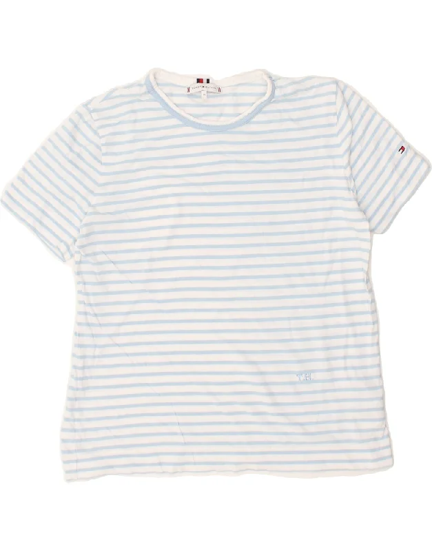 TOMMY HILFIGER Womens T-Shirt Top UK 12 Medium White Striped Cotton Front Pockets Side Pockets Patch Pockets