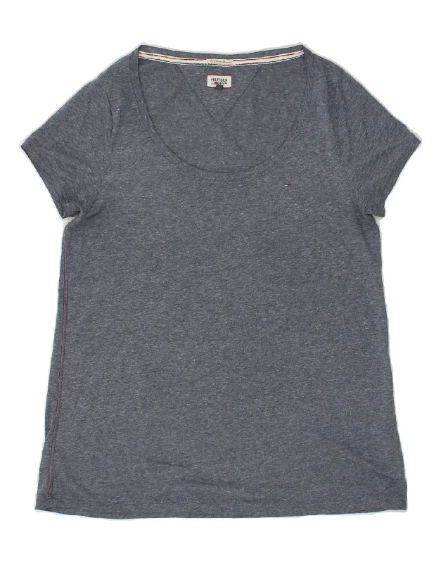TOMMY HILFIGER Womens T-Shirt Top UK 14 Large Grey Flecked Polyester Mesh Blend Leather Blend Suede Blend