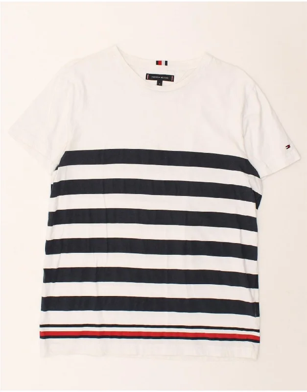 TOMMY HILFIGER Womens T-Shirt Top UK 14 Medium White Striped Nautical Knit Fabric Woven Fabric Fleece Fabric