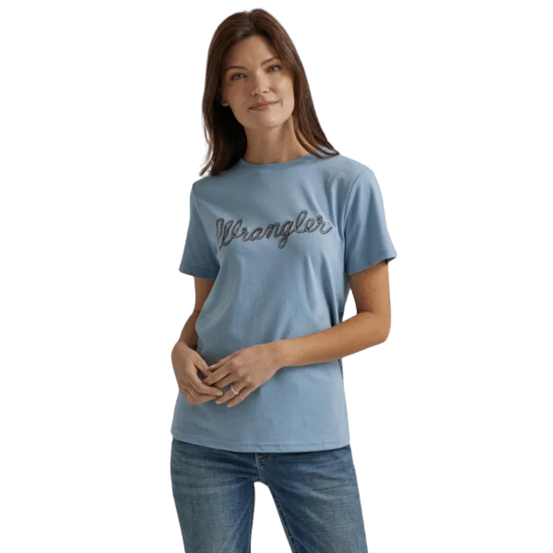 Wrangler Women's Roper Logo Ashley Blue Heather Graphic T-Shirt 112344165 Mesh Blend Leather Blend Suede Blend