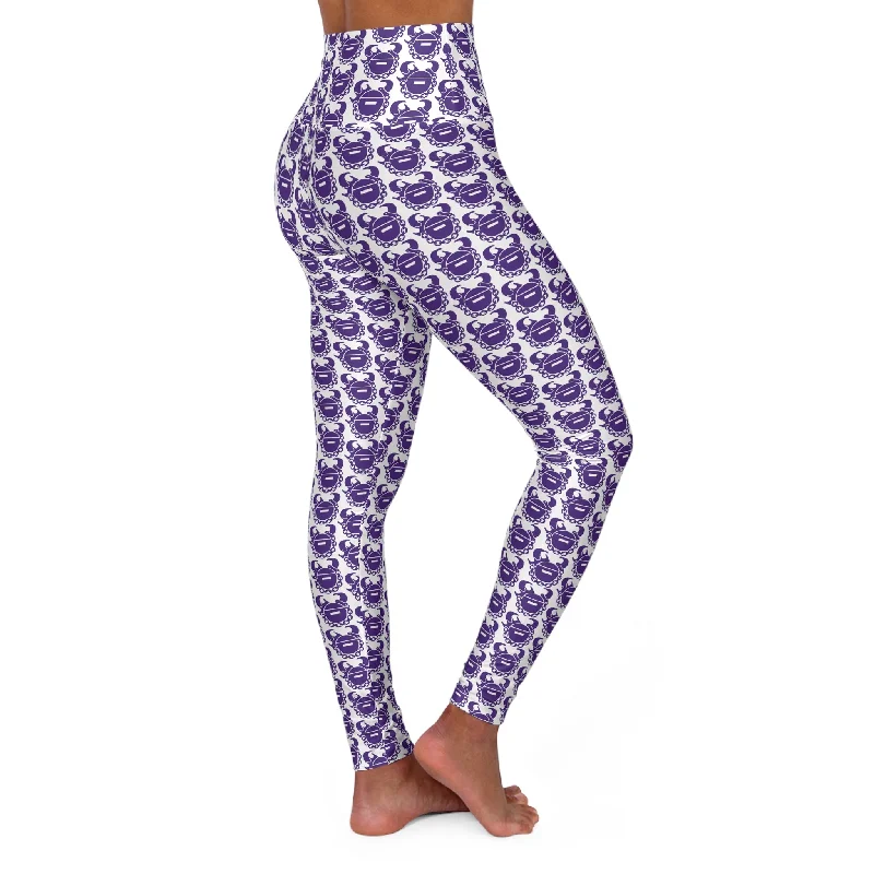 High Waisted Yoga Leggings - White/Purple Helmets Trendy Side-Pocket Leggings