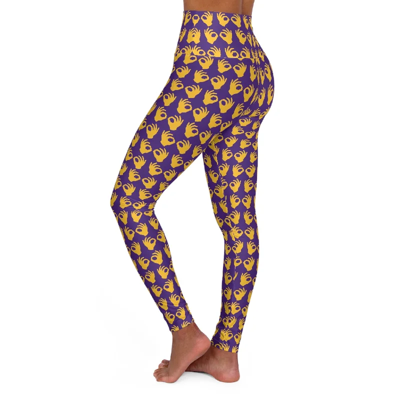 High Waisted Yoga Leggings - Purple/Gold Griddy Fashionable Sports Leggings