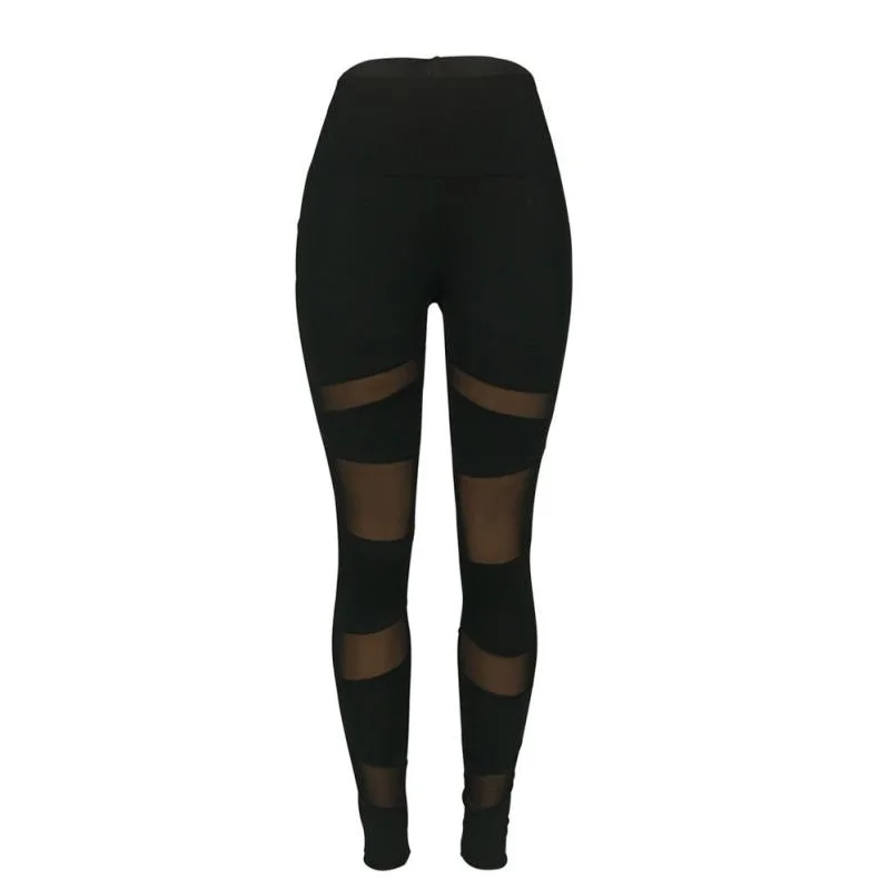 Women Elastic High Waist Legging Black Mesh Splicing Fitness Leggings sexy Solid Ankle-Length Bottoms for Female Trendy Leather-Look Workout Leggings