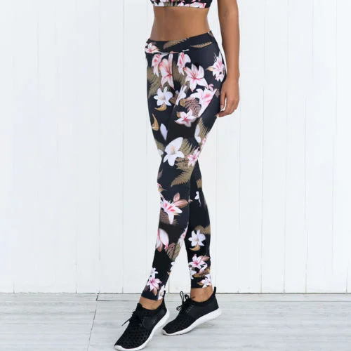 Women High Waist Fitness Leggings Long Trousers Black Floral Slim Leggings Comfortable Athletic Tights