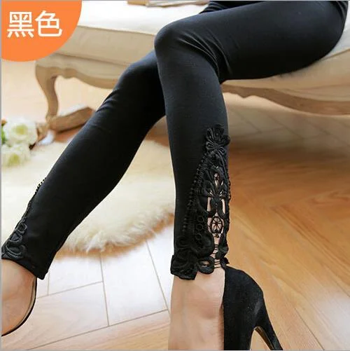 Autumn Spring Summer Fashion Women Lace Leggings Skinny Hollow Leggins Elastic Casual Black Light Gray And Navy Cotton Elegant Printed Leggings with Pockets